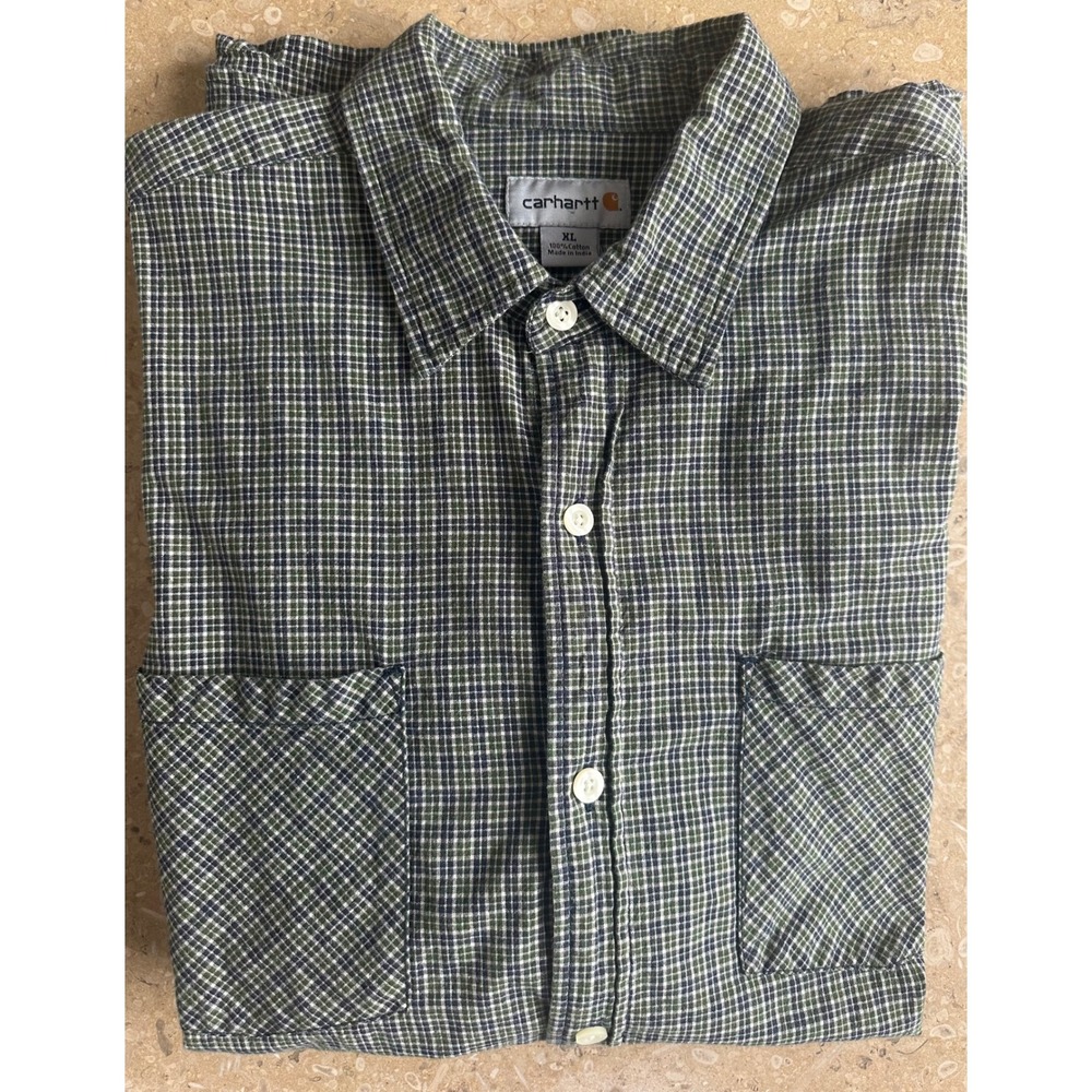 Carhartt Men's Plaid Long Sleeve Button Up Shirt XL‎ 100% Cotton Green Navy
